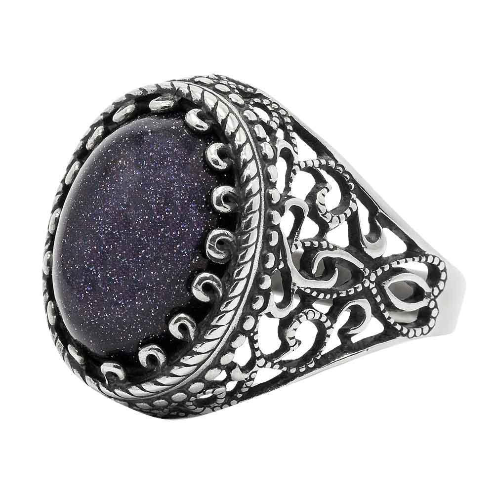 Срібний набір з авантюрином, Серебряный набор с авантюрином, Украшения с авантюрином, Кольцо серебряное женское черненое с синим авантюрином, с боку ажурное