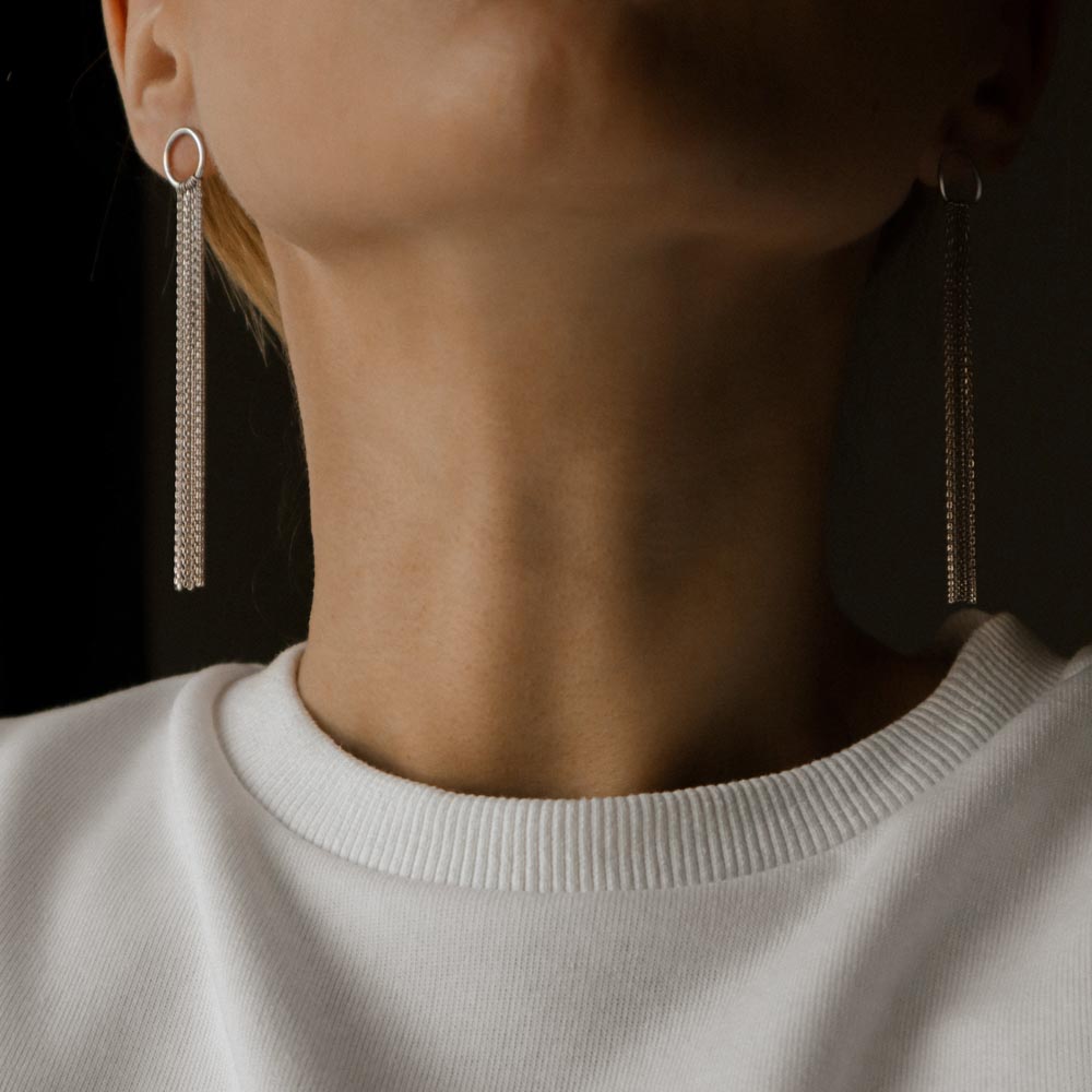 Стильні срібні сережки ланцюжки, Стильные серебряные серьги цепочки