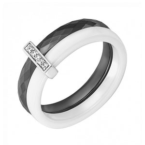 Керамічна каблучка подвійна чорно-біла зі сріблом і фіанітами, Керамическое кольцо с серебром и камнями черно-белое
