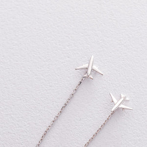 Сережки протяжки з білого золота "Літачки", Сережки протяжки из белого золота "Самолетики"