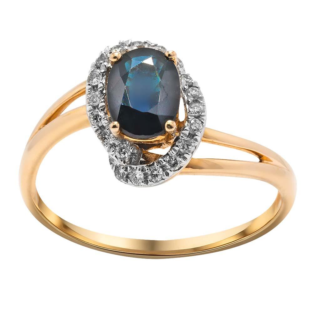 Золота каблучка з сапфіром і білими діамантами, Золотое кольцо с сапфиром синего цвета и белыми бриллиантами вокруг