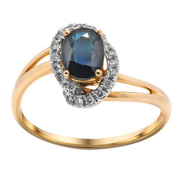 Золота каблучка з сапфіром і білими діамантами, Золотое кольцо с синим сапфиром и белыми бриллиантами вокруг