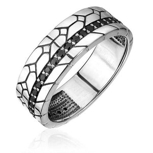 Срібний перстень чоловічий чорнений із чорними фіанітами, Мужской перстень из серебра черненый широкий с одной дорожкой из черных фианитов