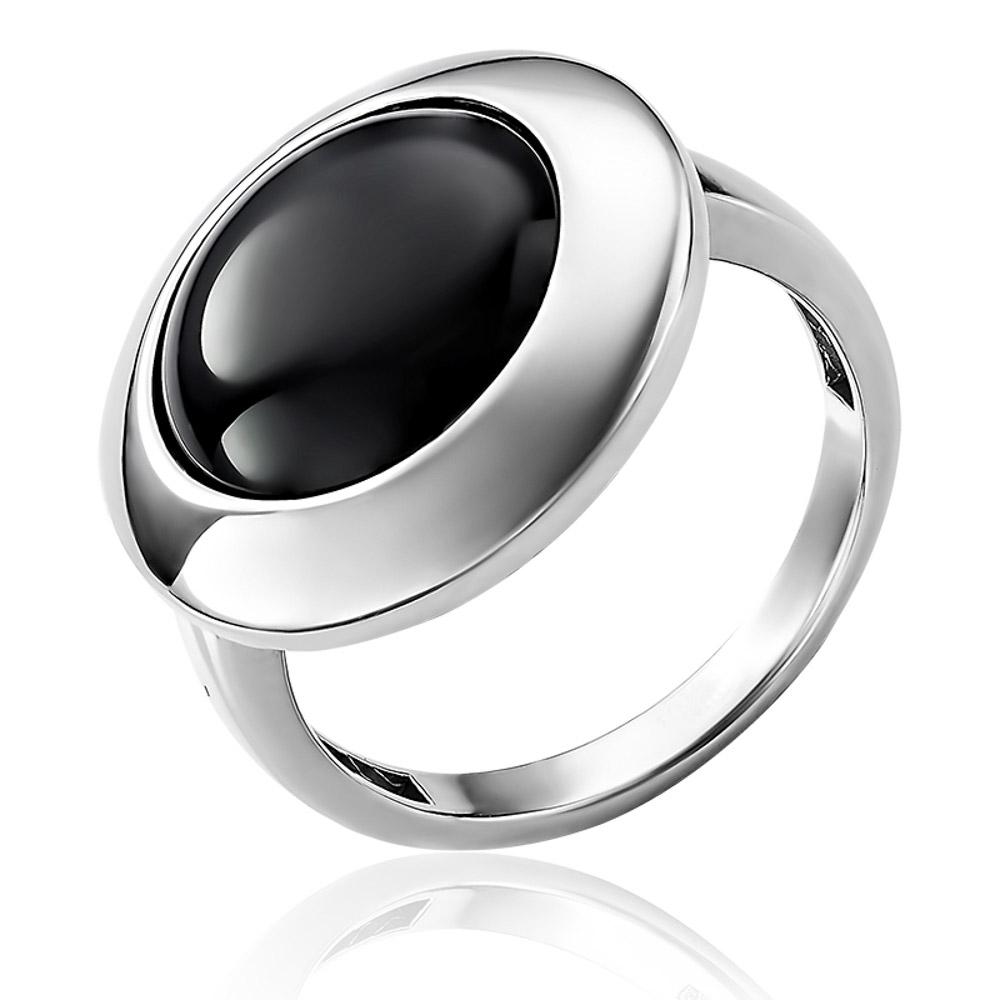 Срібна каблучка з оніксом родована круглої форми, Серебряное кольцо с ониксом родированое круглой формы с вставкой