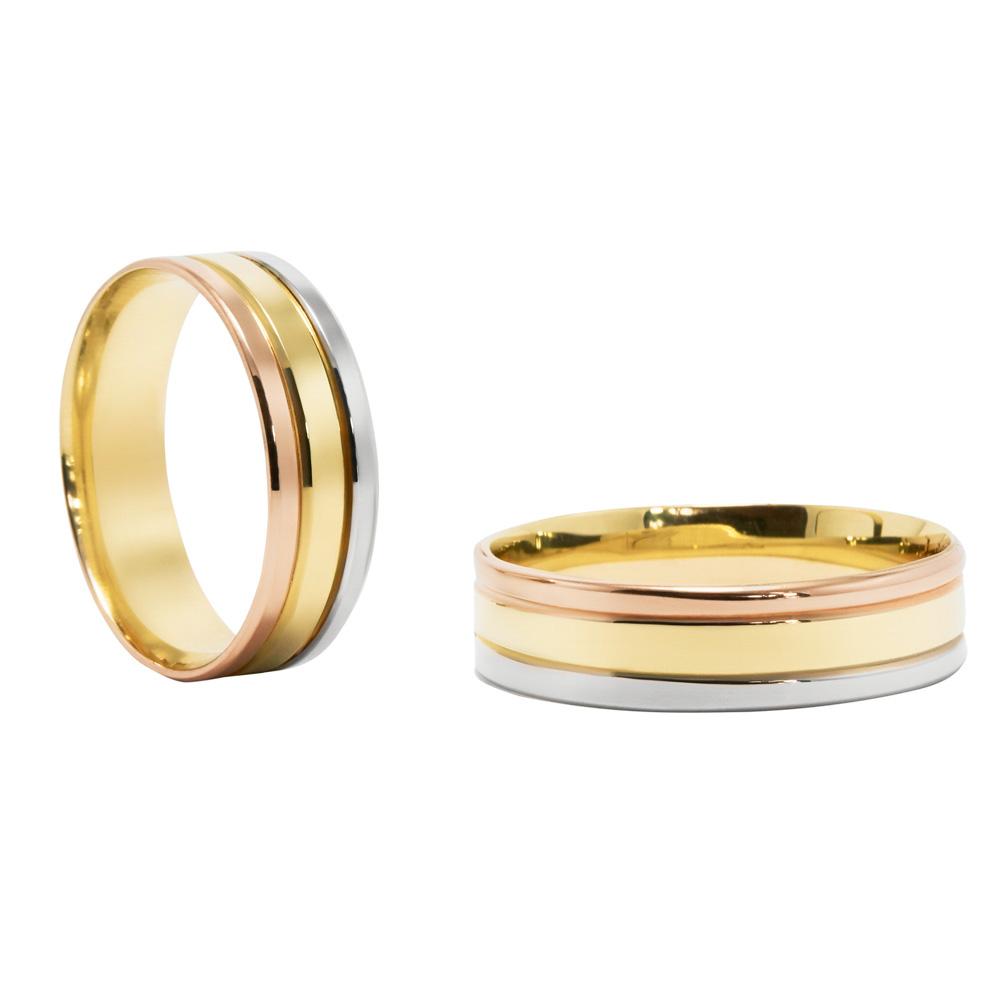 Обручка комбінована із червоного, білого та жовтого золота, Обручальное кольцо с фианитом комбинированное из красного, белого и желтого золота