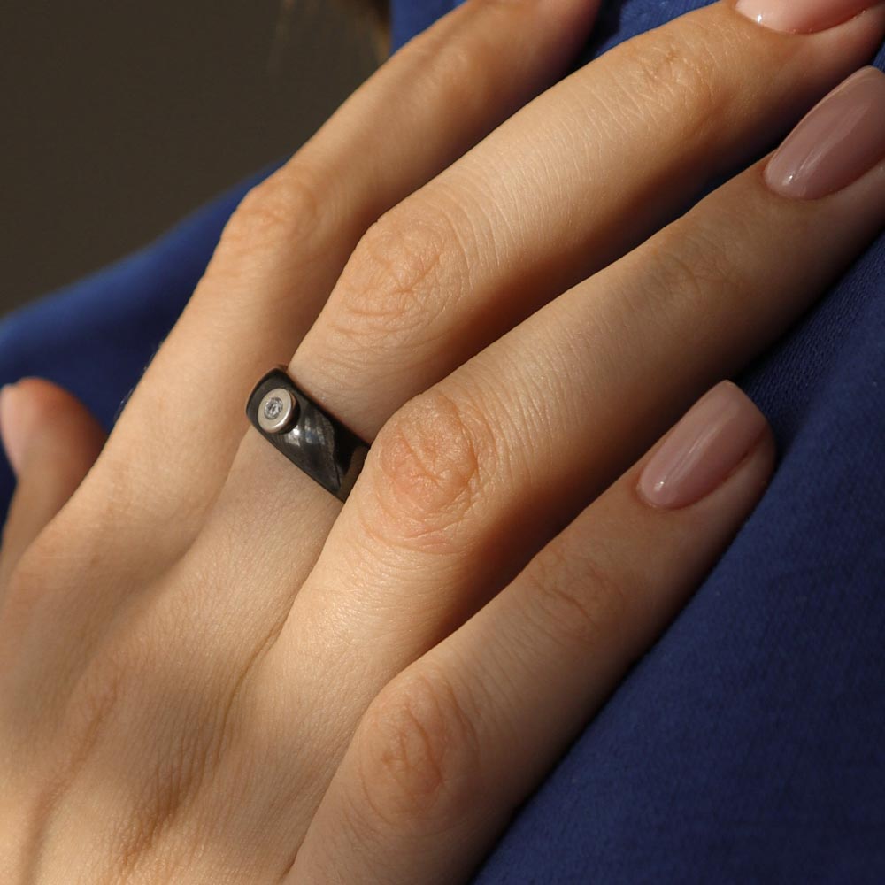 Чорна керамічна каблучка з сріблом та фіанітом, Черное керамическое кольцо с серебром и фианитом