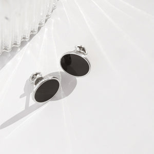 Круглі срібні сережки з емаллю чорного кольору, Круглые серебряные серьги с черной эмалью