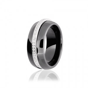 Чорна керамічна каблучка з сріблом та доріжкою фіанітів, Черное керамическое кольцо с серебром и дорожкою фианитом